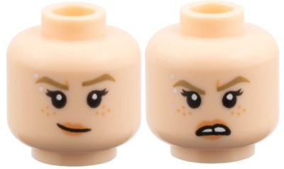 LEGO part Minifigure, Head Dual Sided Female, Dark Tan Eyebrows, Silver Eyebrow Piercing, Nougat Freckles and Lips, Lopsided Grin / Open Mouth Scowl with Tooth Gap Pattern (3626pb3950)
