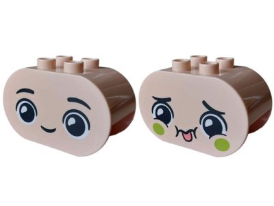 LEGO part Duplo, Brick 2 x 4 x 2 Rounded Ends with Faces with Black Eyebrows, Lime Cheeks, Closed Mouth Smile / Coral Tongue Sticking Out Pattern (4198pb67)