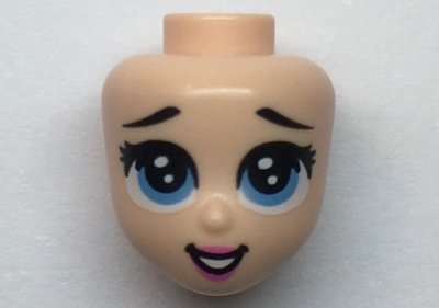 LEGO part Mini Doll, Head Friends with Black Eyebrows Raised, Eyelashes, Large Medium Blue Eyes, Dark Pink Lips, and Open Mouth Smile with Teeth Pattern (66572)