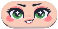 LEGO part Tile, Round 2 x 4 Oval with Face, Black Eyebrows and Eyelashes, Green Eyes, Coral Eye Shadow, Cheeks and Lips, Open Mouth Smile Pattern (Rapunzel) 66857pb117