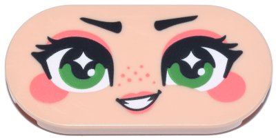 LEGO part Tile, Round 2 x 4 Oval with Face, Black Eyebrows and Eyelashes, Green Eyes, Coral Eye Shadow, Cheeks and Lips, Open Mouth Smile Pattern (Rapunzel) (66857pb117)