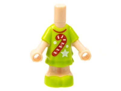 LEGO part Micro Doll, Body with Molded Lime Short Layered Dress and Shoes and Printed Red Candy Cane and Collar, White Star and Dots Pattern (69969pb06)