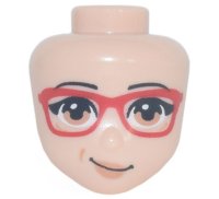 LEGO part Mini Doll, Head Friends with Glasses with Red Frame, Black Eyebrows, Medium Nougat Eyes and Lips with Lopsided Smile Pattern 84083