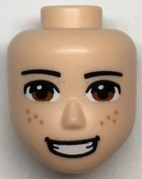LEGO part Mini Doll, Head Friends Male Large with Reddish Brown Eyes, Freckles, Smiling with Teeth Pattern 84869