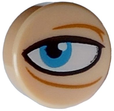 LEGO part Tile, Round 1 x 1 with Black and White Eye, Sand Blue Iris and Medium Nougat Wrinkles Pattern Model Left Side (98138pb414L)