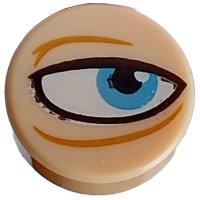 LEGO part Tile, Round 1 x 1 with Black and White Eye, Sand Blue Iris and Medium Nougat Wrinkles Pattern Model Right Side 98138pb414R