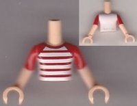 LEGO onderdeel Torso Mini Doll Boy White T-Shirt with Red and White Stripes Pattern, Light Nougat Arms with Hands with Red Short Sleeves FTBpb009c01