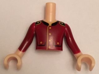 LEGO part Torso Mini Doll Boy Dark Red Jacket, 2 Pockets, Gold Buttons and Black Collar Pattern, Light Nougat Arms with Hands with Dark Red Sleeves (FTBpb013c01)