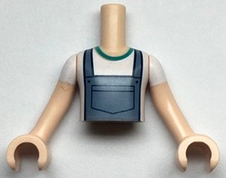 LEGO part Torso Mini Doll Boy Sand Blue Overalls over White T-Shirt Pattern, Light Nougat Arms with Hands with White Short Sleeves (FTBpb060c01)
