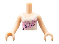 LEGO onderdeel Torso Mini Doll Girl White Vest Top with Bright Light Pink and Black Flowers Pattern, Light Nougat Arms with Hands FTGpb035c01