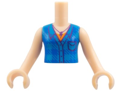 LEGO part Torso Mini Doll Girl Dark Azure Plaid Shirt over Orange T-Shirt, Dark Purple Lightning Necklace Pattern, Light Nougat Arms with Hands (FTGpb178c01)