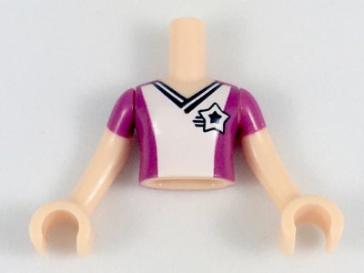 LEGO part Torso Mini Doll Girl Magenta Soccer / Football Jersey with White Front, Star Logo Pattern, Light Nougat Arms with Hands with Magenta Sleeves (FTGpb179c01)