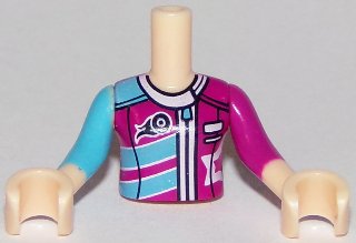 LEGO part Torso Mini Doll Girl Magenta and Medium Azure Racing Jacket Pattern, Light Nougat Arms with Hands with Medium Azure Right Sleeve, Magenta Left Sleeve (FTGpb201c01)