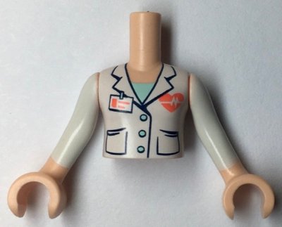 LEGO onderdeel Torso Mini Doll Girl White Jacket with 3 Buttons, Coral Name Tag and Beating Heart Pattern, Light Nougat Arms with Hands with White Sleeves (FTGpb265c01)