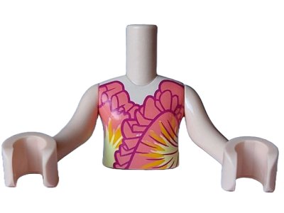 LEGO part Torso Mini Doll Girl Coral Dress Top with Dark Purple Ruffles and Bright Light Orange and Bright Light Yellow Flashing Accents Pattern, Light Nougat Arms with Hands (FTGpb492c01)