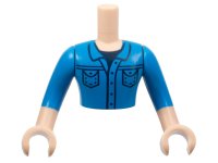 LEGO onderdeel Torso Mini Doll Man Dark Azure Button Up Shirt with Pockets over Dark Blue T-Shirt Pattern, Light Nougat Arms with Hands with Dark Azure Sleeves FTMpb074c01