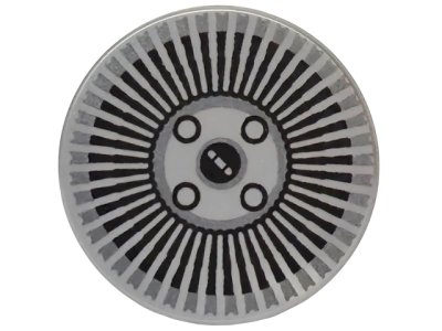 LEGO part Fliese, Rund 2 x 2 mit Bodenstehbolzenhalter mit Radkappe mit schwarzen radialen Streifen und Radmuttern-Muster (14769pb835)