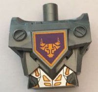 LEGO part Torso, Modified Oversized con Armor con Pin Holes con Orange e Gold Circuitry #1 e Orange Bull Head su Dark Purple Pentagonal Shield Pattern 23763c01pb01