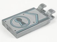 LEGO part Tile, Modified 2 x 3 with 2 Clips with Dark Bluish Gray Keyhole on Metallic Light Blue and Silver Clasp Pattern 30350bpb103