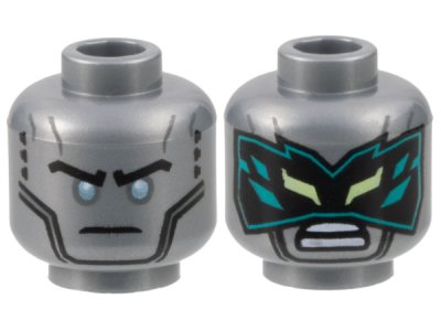 LEGO part Minifigure, Head Dual Sided Black Eyebrows, Metallic Light Blue Eyes / Black Mask with Dark Turquoise Crystals Pattern - Hollow Stud (3626pb3312)
