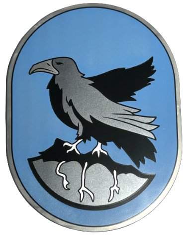 LEGO part Tile, Round 6 x 8 Oval with Ravenclaw Crest with Black and Pearl Dark Gray Eagle and Rock with Roots on Medium Blue Background Pattern (65474pb10)