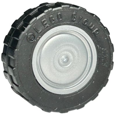 LEGO part Wheel 11mm D. x 6mm with Smooth Hubcap with Black Tire 17.5mm D. x 6mm with Shallow Staggered Treads - Band Around Center of Tread (93594 / 92409) (93594c02)