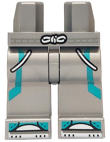 LEGO part Hips and Legs with Dark Turquoise Stripes and Shoes with Stitching, Black and White Tied Belt, Pockets and Soles Pattern (970c00pb1652)