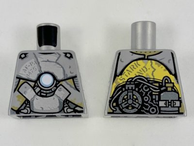 LEGO part Torso Clunky Asymmetrical Silver Armor, Metallic Light Blue Circle on Chest, Exposed Gear Pattern (973pb3483)