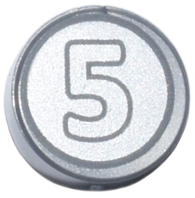 LEGO part Tile, Round 1 x 1 with Dark Bluish Gray Outlined Number 5 on Silver Background Coin Pattern (98138pb174)