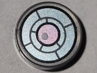 LEGO part Tile, Round 1 x 1 with Black, Dark Bluish Gray and Metallic Light Blue X-Ray Goggles with Metallic Pink Eye and White Glint Pattern 98138pb410