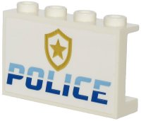LEGO part Pannello 1 x 4 x 2 con Supporti Laterali - Stud Cavi con Motivo 'POLICE' Blu Chiaro Acceso e Blu e Stemma Stella Oro (Adesivo) - Set 60245 / 60246 14718pb028