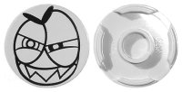LEGO part Tile, Round 2 x 2 with Bottom Stud Holder with Black Large Squinting Eyes and Wide Grin with Sharp Teeth (Nixel Face) Pattern 14769pb005