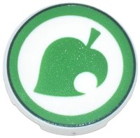 LEGO part Tile, Round 2 x 2 with Bottom Stud Holder with Bright Green Leaf with Circle Cutout and Dark Green Border Pattern (Animal Crossing New Leaf Logo) 14769pb703