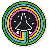 LEGO part Tile, Round 2 x 2 with Bottom Stud Holder with Space Shuttle, Smoke and Dots on Back Background in Bright Green, Medium Azure, Bright Light Orange and Bright Pink Concentric Circles Pattern 14769pb710