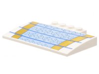LEGO part Slope, Curved 5 x 8 x 2/3 with 4 Studs with 4 Gold Steps with Bright Light Blue Runner, Metallic Light Blue Filigree Pattern 15625pb027