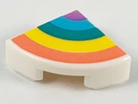 LEGO part Tile, Round 1 x 1 Quarter with Coral, Yellow, Dark Turquoise, Medium Azure, and Medium Lavender Rainbow Pattern 25269pb008