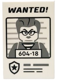 LEGO part Tile 2 x 3 with 'WANTED!' Poster with Minifigure Mugshot and '604-18' Pattern 26603pb395