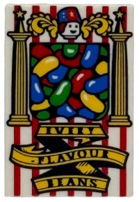 LEGO part Tile 2 x 3 with HP Bertie Bott's Beans Box with Green, Blue, Red and Yellow Jelly Beans, Pillars, Stripes and 'EVERY-FLAVOUR BEANS' on Banner Pattern 26603pb547