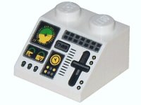 LEGO part Slope 45 2 x 2 with Aircraft Green and Yellow Horizon Indicator, Controls, Black Buttons, Silver Slider and Switches Pattern 3039pb045