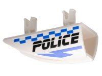 LEGO part Vehicle, Fairing 1 x 4 Side Flaring Intake with 2 Pins with Black 'POLICE', Blue Lightning Bolt, and Checkered Pattern Model Left Side 30647pb01
