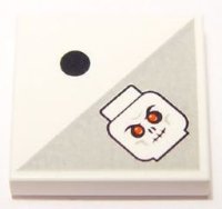 LEGO part Tile 2 x 2 with 1 Black Dot and Light Bluish Gray Triangle with Skull with Red Eyes Pattern 3068pb0392