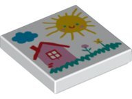 LEGO part Piastrella 2 x 2 con motivo Drawing of Cloud, Sun, House, and Flowers 3068pb1882