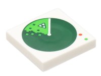 LEGO part Tile 2 x 2 with Dark Green Radar Screen with Blacktron Logo Blip and Red and Bright Green Lights Pattern 3068pb2027
