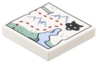 LEGO part Tile 2 x 2 with Map, Sand Blue Mountains, Black Train Tracks and Wolf Head, Reddish Brown Dotted Line Path, Medium Blue Bay Pattern 3068pb2672