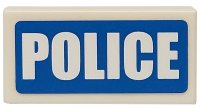 LEGO part Tile 1 x 2 with White 'POLICE' Thick Font on Blue Background Pattern (Sticker) - Sets 7235-2 / 7236-2 / 7744 / 60023 3069pb0111