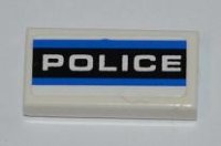 LEGO part Piastrella 1 x 2 with Blue Stripes and White 'POLICE' on Black Background Pattern (Sticker) - Set 8197 3069pb0190