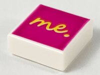 LEGO part Tile 1 x 1 with Yellow 'me.' Script on Magenta Background Pattern 3070pb144