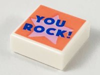 LEGO part Tile 1 x 1 with Blue 'YOU ROCK!' on Bright Pink Star on Coral Background Pattern 3070pb148