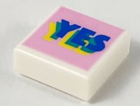 LEGO part Tile 1 x 1 with Blue, Green, and Yellow Layered 'YES' on Bright Pink Background Pattern 3070pb150