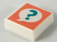 LEGO part Tile 1 x 1 with Dark Turquoise Question Mark in Speech Bubble on Coral Background Pattern 3070pb156